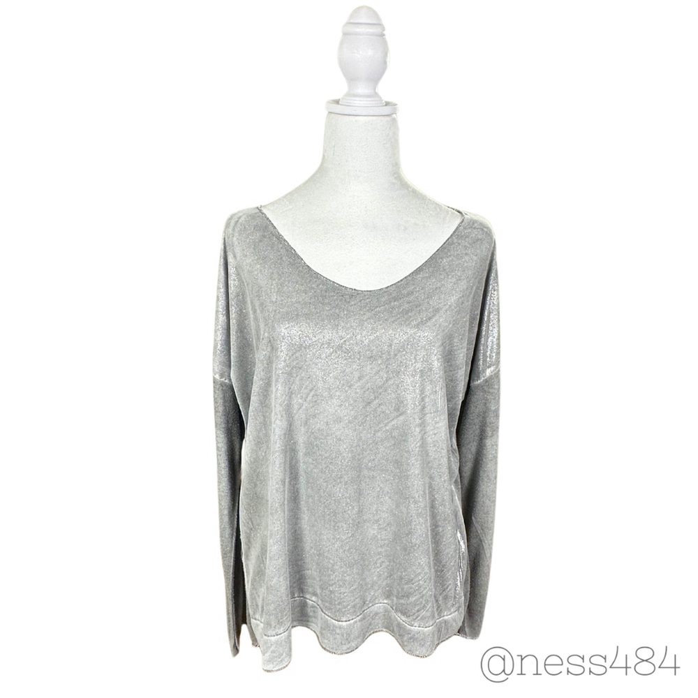 TEMPO PARIS Shimmer V Neck Long Sleeve Top M‎ L Gray Metallic Casual